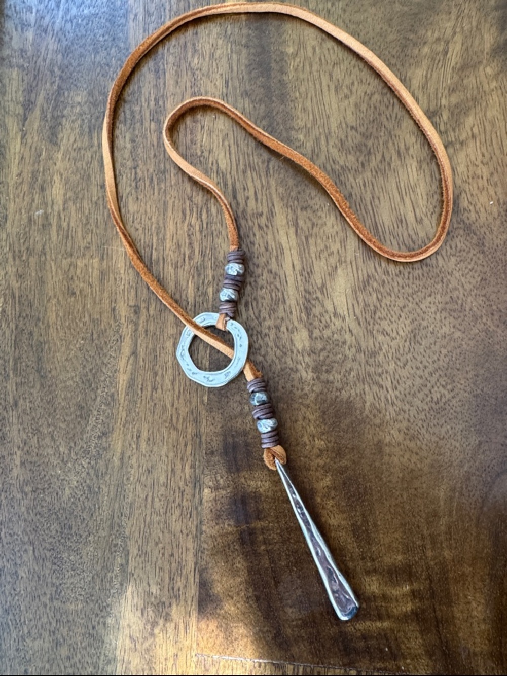 Handcrafted Silver-Tone Toggle Necklace with Brown Leather Cord